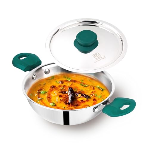 Image of The Indus Valley Triply Stainless Steel Kadai /Kadhai with Steel Lid | 18cm /7.1 inch, 1.3Ltr, 1kg | Suitable for Gas Stoves Only | Nonstick 3-Layer Body, 100% Toxin-Free, No Chemical Coating