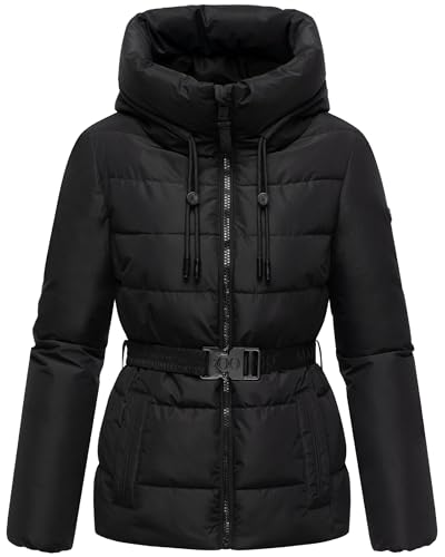 MARIKOO Damen Winterjacke warme Steppjacke mit Taillengürtel und Kapuze Himee16 Black Gr. L
