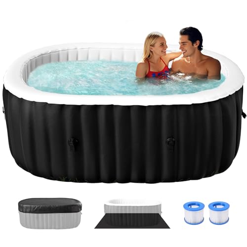 2 Person Inflatable Hot Tub with Side Table, Oval Blow Up Portable Hot Tub, Leak-Proof PVC Outdoor Spa with 100 Strong Air Jets, Heater Pump and Insulated Cover, 75” X 47”X 25”