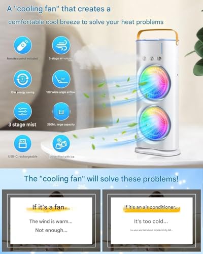 Image of Mini Cooler for Room Cooling AC Portable Mini Fan Artic Cooler with 7 Colors LED Light, 1 /2 /3 H Timer, 3 Wind Speeds and 3 Spray Modes for Office,Home,Dorm,Travel (Double)
