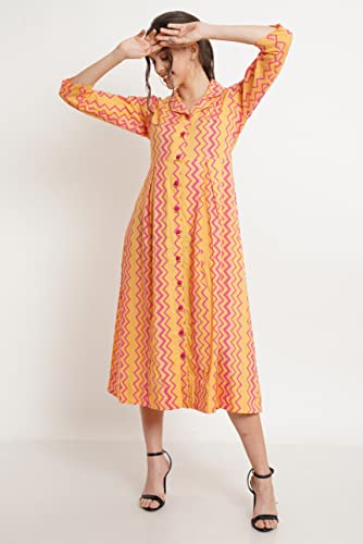 Image of COTLAND Fashions Jaipuri Cotton Flared A-Line Dress for Women (Yellow Current)