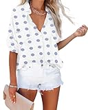 Diosun Womens Button Down Shirts V Neck Casual Long Sleeve Roll Up Loose Plain Blouses Tops with Pockets (Medium, Polkadots Blue)