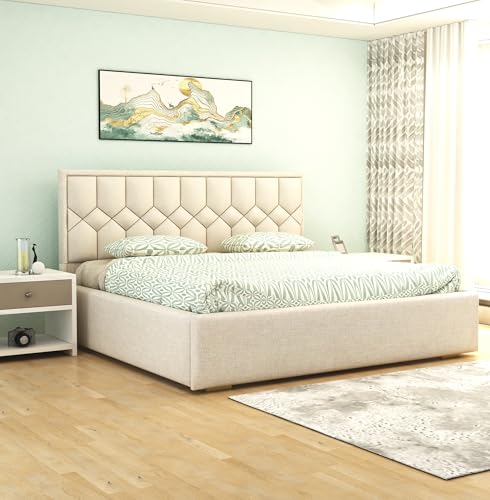SABTA Modern Upholstered King Size Bed with Storage | Double Bed with Box Storage & Upholstery Premium Fabric Headboard | Platform Bed for Bedroom & Hotel | Sheesham Wood | White, 6.5 x 6 Ft