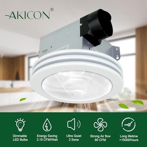 Akicon Ventilador de Extractor para Baño Ultra Silencioso con Luz, Ventilador y Regulador de Luz LED, Ventilador de Ventilación Redondo para Baño 80 CFM con Cubierta de Vidrio Esmerilado Blanco Manchado miniatura 2
