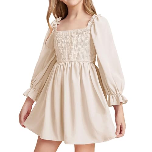 JiAmy Mädchen Kleid Langarm Quadratischer Ausschnitt A-Linie Kleider Frühling Sommer Kinder Freizeit Elegante Hochzeit Party Festlich Kleidung für Mädchen 7-8 Jahre Beige