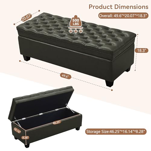 Image of WUTUTUEE 50 inch Faux Leather Storage Ottoman Bench, End of Bed Upholstered Rectangle Storage Ottoman Tufted Living Room Bedroom Bench with Safety Hinge, Solid Wood Legs, Loads 500 lb(Green)