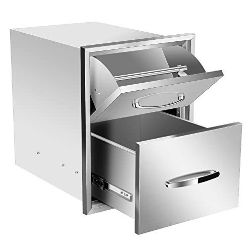 Image of 16''W x 20''H x 20''D Outdoor Kitchen Double Access Drawers with Paper Towel Holder Combo Stainless Steel, Flush Mount BBQ Island for Outdoor Kitchens or Patio Grill Station