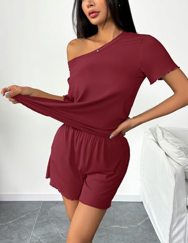 Image of Ekouaer 2 Packs Women Pajama Set Short Sleeve Sleepwear Soft Top and Shorts | Casual Pjs Outfits Ribbed Knit Lounge Set with Pockets