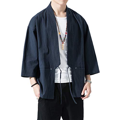 Image of PRIJOUHE Men's Kimono Jackets Cardigan Lightweight Casual Cotton Blends Linen Seven Sleeves Open Front Coat Outwear