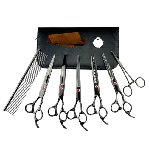 Kit Profissional para Tosa de Pets 5 Tesouras Pinça Pente Chave de Regulagem com Estojo em Couro (Preta)
