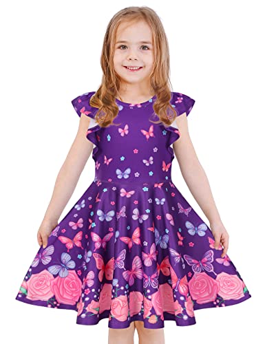 LaBeca Baby Girls Printed Casual Party Dresses Twirly Ruffle Sleeve Dress Butterfly Cap XS