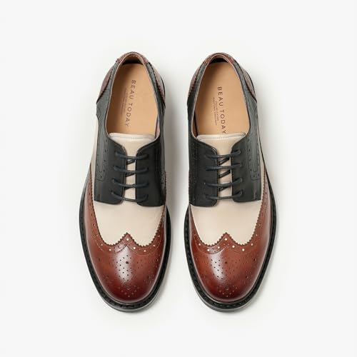 Image of BEAU TODAY Oxford Shoes for Women,Leather Brogue Dress Shoes,Comfort Brethable Ladies Lace-up Handmade Wingtip Shoes for Business Work