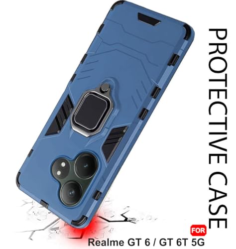 Image of TheGiftKart Tough Armor Bumper Back Case Cover for Realme GT 6 / GT 6T 5G | Ring Holder & Kickstand in-Built | 360 Degree Protection Back Case Cover for Realme GT 6 / GT 6T 5G (PC & TPU, Blue)
