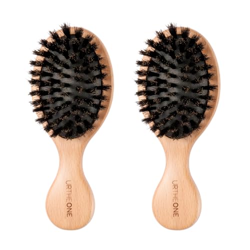 URTHEONE 100%ピュアイノシシ毛ヘアブラシ - ミニトラベルサイズ木製ブラシ 自然な輝きと縮れコントロール用 ポータブルポケットヘアブラシ ハンドバッグ 車 オフィス レディース メンズ キッズ