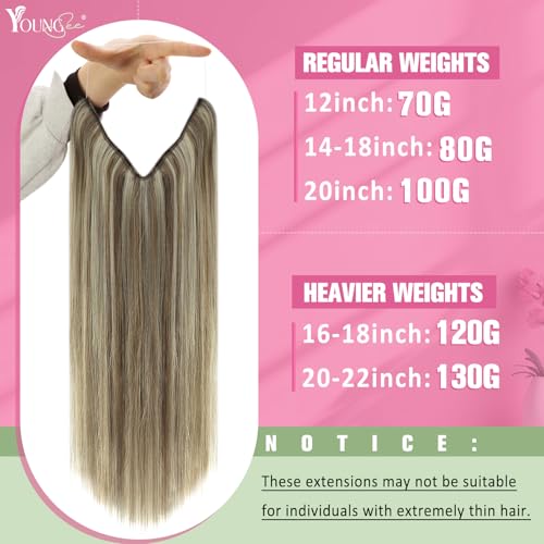 Image of YoungSee Wire Hair Extensions Highlight Invisible Wire Hair Extensions Real Human Hair Highlights Light Brown with Platinum Blonde Fish Line Hair Extension for Short Hair 75G 12Inch