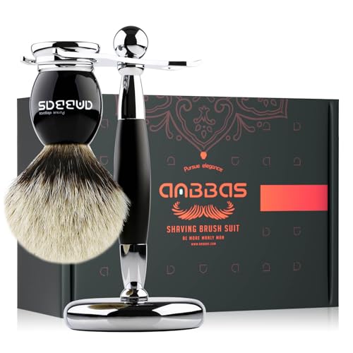 Anbbas Shaving Brush and Stand,Silvertip Badger Hair Brush Black Resin Alloy Handle with Stainless Steel Shaving Stand for Double Edge Safety Razor Straight Razor for Men