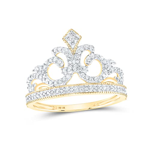 10K Yellow Gold Womens Round Diamond Fleur Crown Tiara Fashion 1/5 Cttw For Womens Engagement Wedding Anniversary Ring Band Size 8