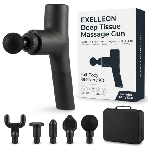 EXELLEON Deep Tissue Muscle Massage Gun | Powerful Handheld Percussion Massager | Back | Neck | Full Body Muscle Recovery | 22 lbs Stall Force | 8 mm Amplitude | 6 Speeds | Quiet | 240 Min Battery