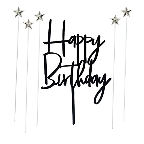 Set of 1 Black Acrylic Happy birthday Cake Topper 5 pcs silvery Star Cake Cupcake Topper(Black 1)