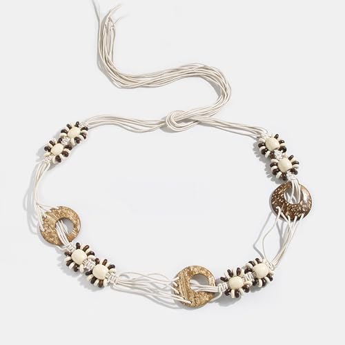 Women Braided Waist Belt Boho Woven Belt with Wooden Beads and Ring Clasp Vintage Long Tassel Rope Tie Belt for Dress4