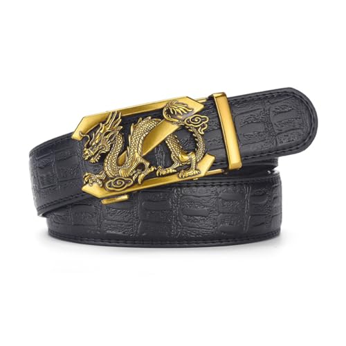 Ratchet Belt Crocodile pattern Leather Adjustable Automatic Buckle Engraved Dragon Sliding Removable Dress Casual