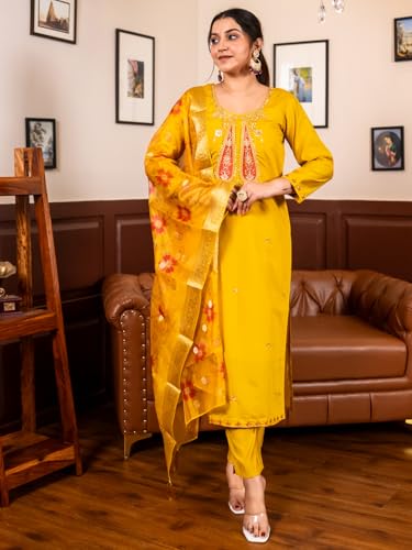 Image of VredeVogel Women's Beads Embroidered Silk Blend Kurta Pant Set with Organza Dupatta | Perfect for Festive & Casual Ethnic Kurta Set for Women