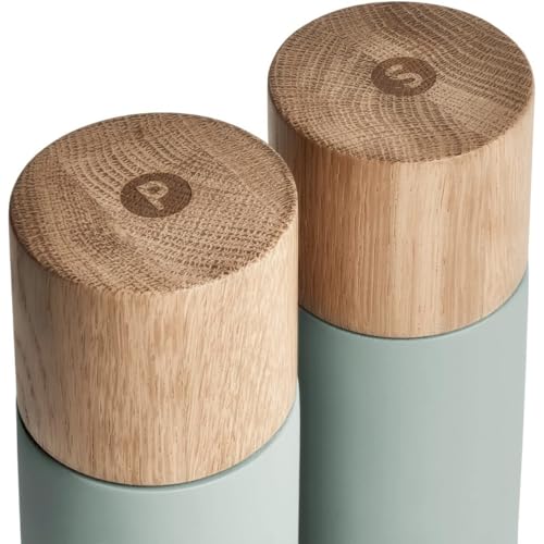 Zestaw młynków do soli i pieprzu, z betonu i dębu z regulowanym młynkiem ceramicznym - miętowy