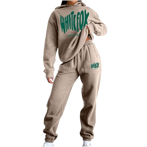 NSICBMNO Beige Tracksuit Womens Full Set Jogging Suits Hoodie Tracksuit Two Piece Outfit Oversized Sweatshirts Jogging Pants With Pockets Lounge Outfits Casual Co Ord Sets Gym Activewear Streetwear