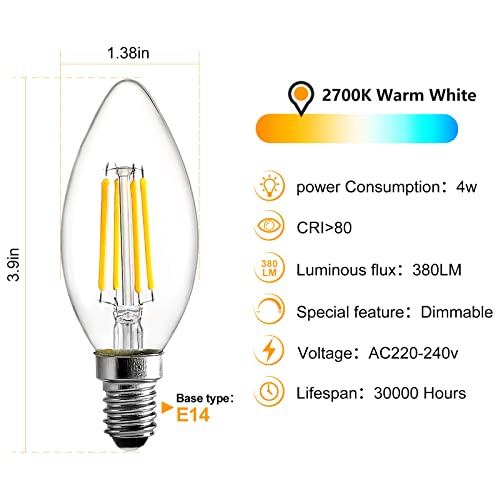 BRIMAX E14 LED Candle Bulbs Dimmable 4W, 40W Equivalent, Soft Warm White 2700K, Small Edison Screw SES Chandelier Bulbs - Image 2