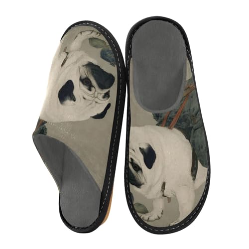House Slippers Painting Pug Print, Outdoor Indoor Unisex Rubber Sole Memory Foam 4-5