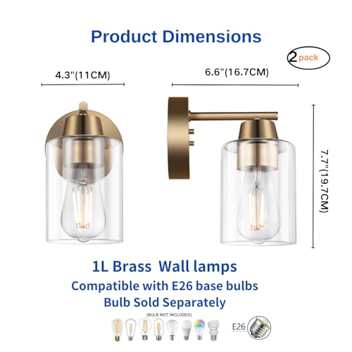 CRAFTRONOS Set of Two Modern Wall Sconces,1-Light Gold Vanity Light Fixtures, Matte Brass Farmhouse Wall Mount Lights with Metal Clear Glass for Bathroom Mirror Living Room Bedroom Hallway E26 Base by CRAFTRONOS - Image 2