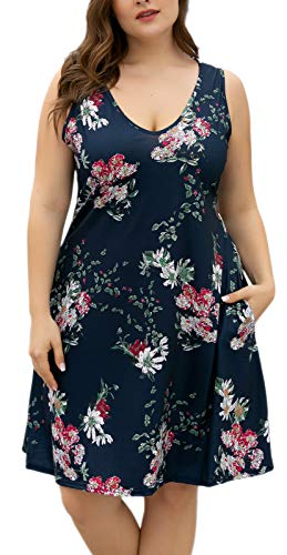 Image of Women Plus Size V Neck Sleeveless Floral Print Pocket T Shirt Dresses Casual Midi Tank Dress Beach Cover up Sundress (XL-5X)
