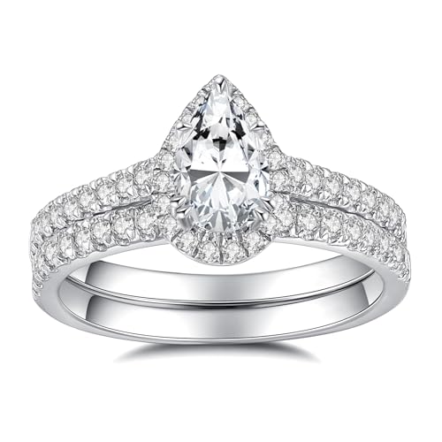 Halo Wedding Engagement Ring Sets for Women, 1.5 Carat (ctw) Pear-Cut Moissanite Bridal Sets Wedding Ring Sets, Halo Moissanite Wedding Band Set Engagement Anniversary Ring, Customizable 925 Sterling Silver/10K Gold/14K Gold/18K Gold
