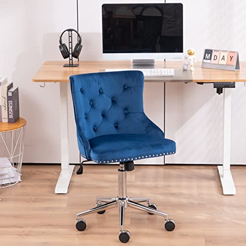 Vingli Velvet Navy Blue Swivel Home Office Chair Upholstered Bedroom Desk Chair With Wheels, Tufted Modern Office Chairs For Study Room, Blue #TOP7