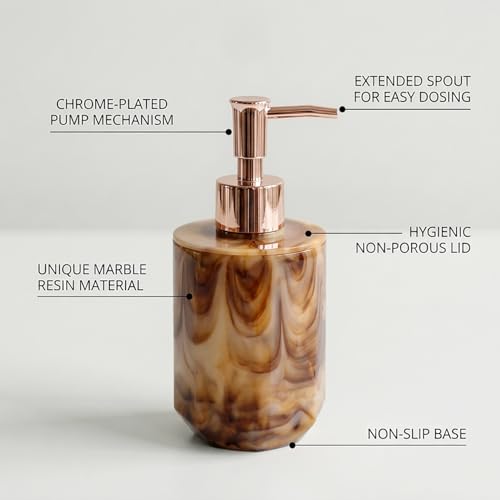 Image of Luxe Home International Marble Pattern Plastic Soap Dispenser for Bathroom and Kitchen Sink Leak Proof Liquid Hand Wash Round Bottle Lightweight Smooth Finish (17x8 cm Brown) Pack of 1