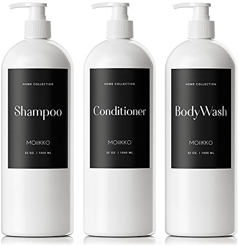 Moiikko 32Oz Refillable Shampoo And Conditioner Dispenser Bottles - Set Of 3 Empty Shampoo Conditioner Body Wash Dispenser With 8 Waterproof Labels #TOP4