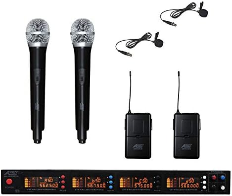 Audio 2000s AWM6528H2L2 4 Channel UHF Wireless Microphone with 2 Handhelds & 2 Lapel (Lavalier).