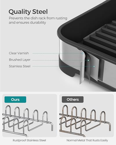 SONGMICS Small Dish Drying Rack, Dish Dryer for Kitchen Counter, Stainless Steel Dish Rack with Drain, Utensil Holder, Rustproof, for Dishes, Knives, Spoons, Forks, Silver and Black UKCS034B01 - Image 6