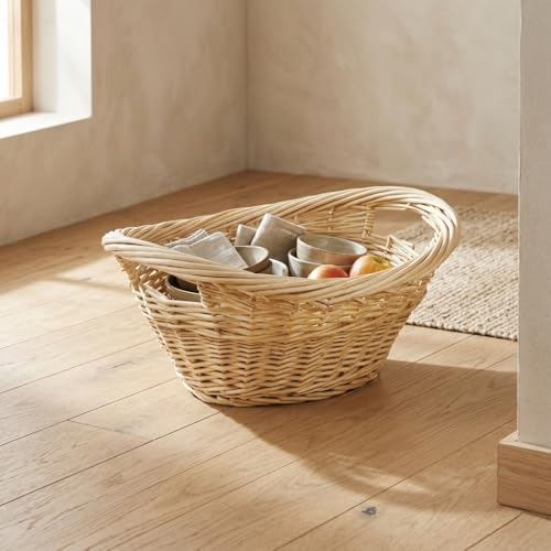 Small oval natural willow heavy rimmed laundry basket (UW-8802A)