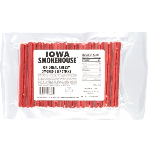IOWA SMOKEHOUSE Smoked Beef Sticks, Cheesy Original - Protein Meat Snack - Sealed & Ready to Eat Sticks, Made in USA - 27 oz