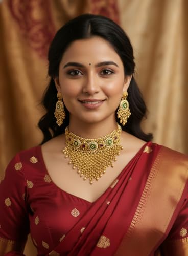Image of Veltreo International Temple Jewelry Choker with Intricate Beadwork & Green Stone Detailing Gold-Toned Bridal Necklace Set with Earrings for Women