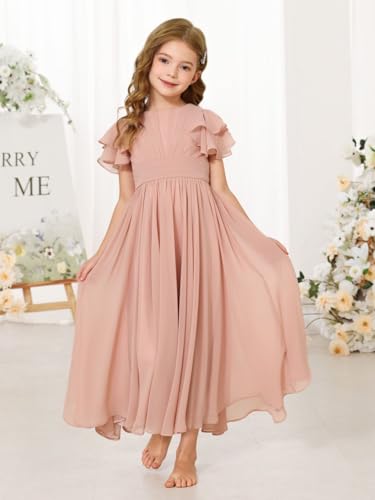 Girls Ruffle Sleeves Chiffon Flowing Long Flower Girl Dresses O-Neck Toddler Wedding Party Bridesmaid Maxi Dress2