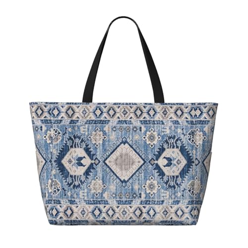 Oriental Antique Blue Kilim Rug Beach Bag Women Tote Bag Pool Bag With Zipper For Gym Grocery Travel With Wet Pocket, Black2
