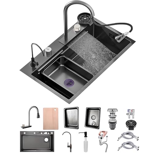 50 Cm De Ancho Fregadero De Cocina Con Grifo Cocina Extraible, 1 Cubeta De Acero Inoxidable Nanorrevestimiento, Fregadero Negro Con Cascada Así Como Otros Accesorios(Black-Grey B,85x50cm)