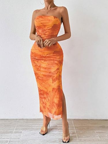 Image of Women's Mesh Floral Strapless Bodycon Maxi Dress Ruched Long Tube Dresses Summe Sexy Party Club Dress Y2K Dresses