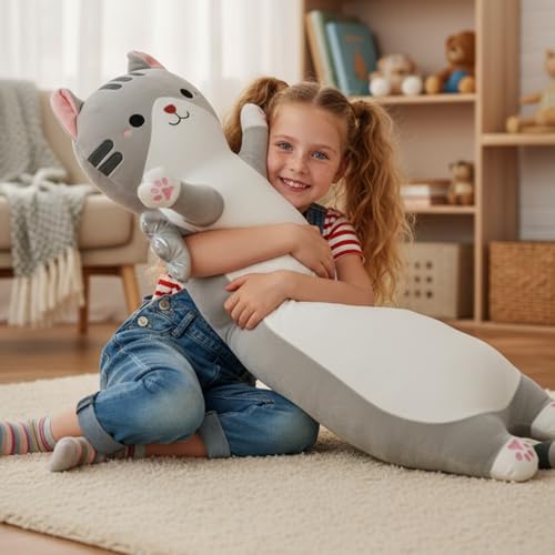 Image of Long Cat Plush Pillow, Cute Cat Stuffed Animal Body Pillow with Wings, Soft Kawaii Kitty Hugging Pillow, Christmas Valentine's Birthday Gift for Kids Girls Boys (Gray, 110cm /43.31in)
