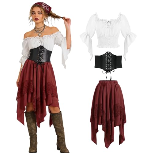 minkasic Medieval Costume Women Set Elegant Top Skirt Corset Belt for Renaissance Faire (Red M)