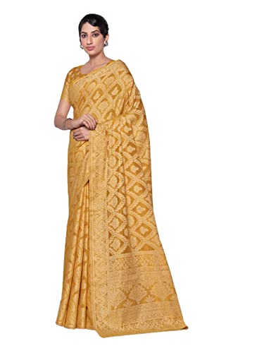 Sari jaune Lucknowi en coton tissé traditionnel de 6,25 m avec chemisier