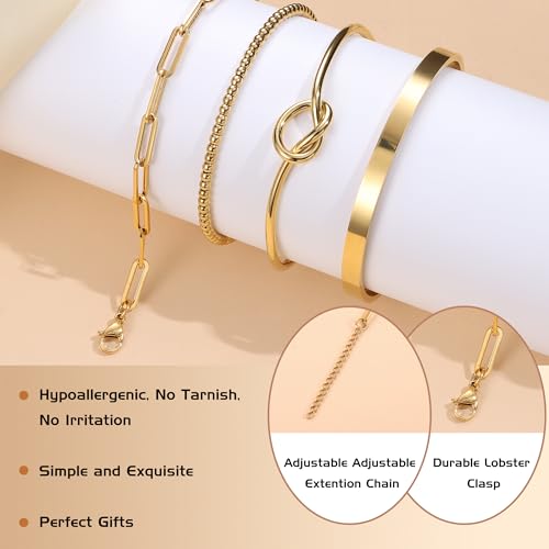 Dochais 4 Pcs Armband Damen Gold, Ketten Armbänder Für Damen, Vergoldet 18k, Verstellbares Gold, Twist Büroklammer Goldperlen – Bild 6