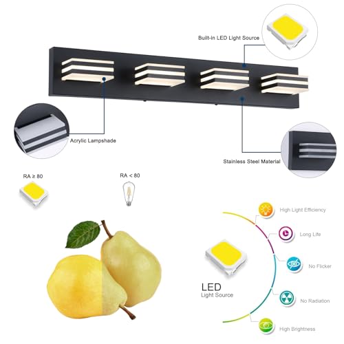Image of 4-Light LED Black Vanity Lights for Bathroom Light Fixtures Adjust 3 Colors Modern Bath Lighing Over Mirror LED Vanity Light 27inch Acrylic Heads